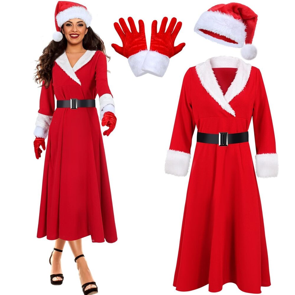 1935 4 Pcs Christmas Claus Costume Santa Costume Set Red Long Dress Velvet